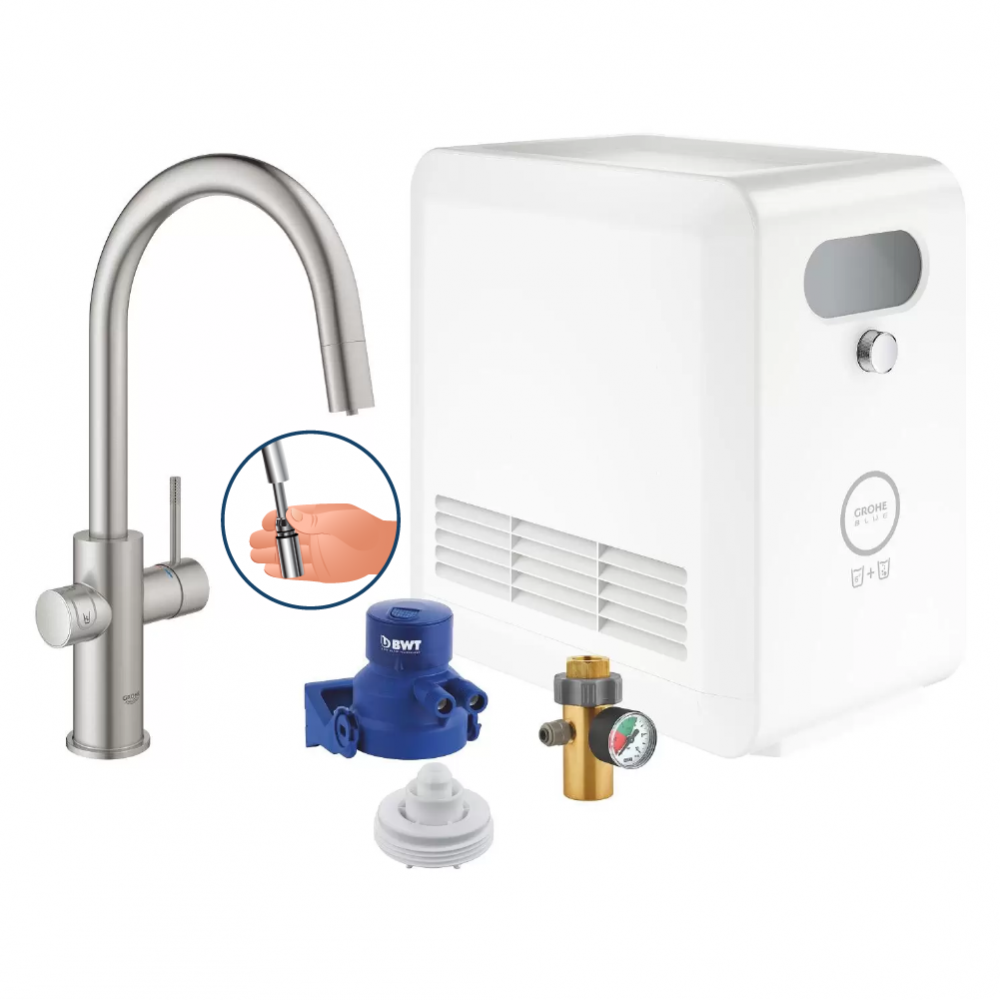 GROHE Blue Professional inkl Hane m. C-tud & udtræk i supersteel. Inkl montering GROHE Blue Professional